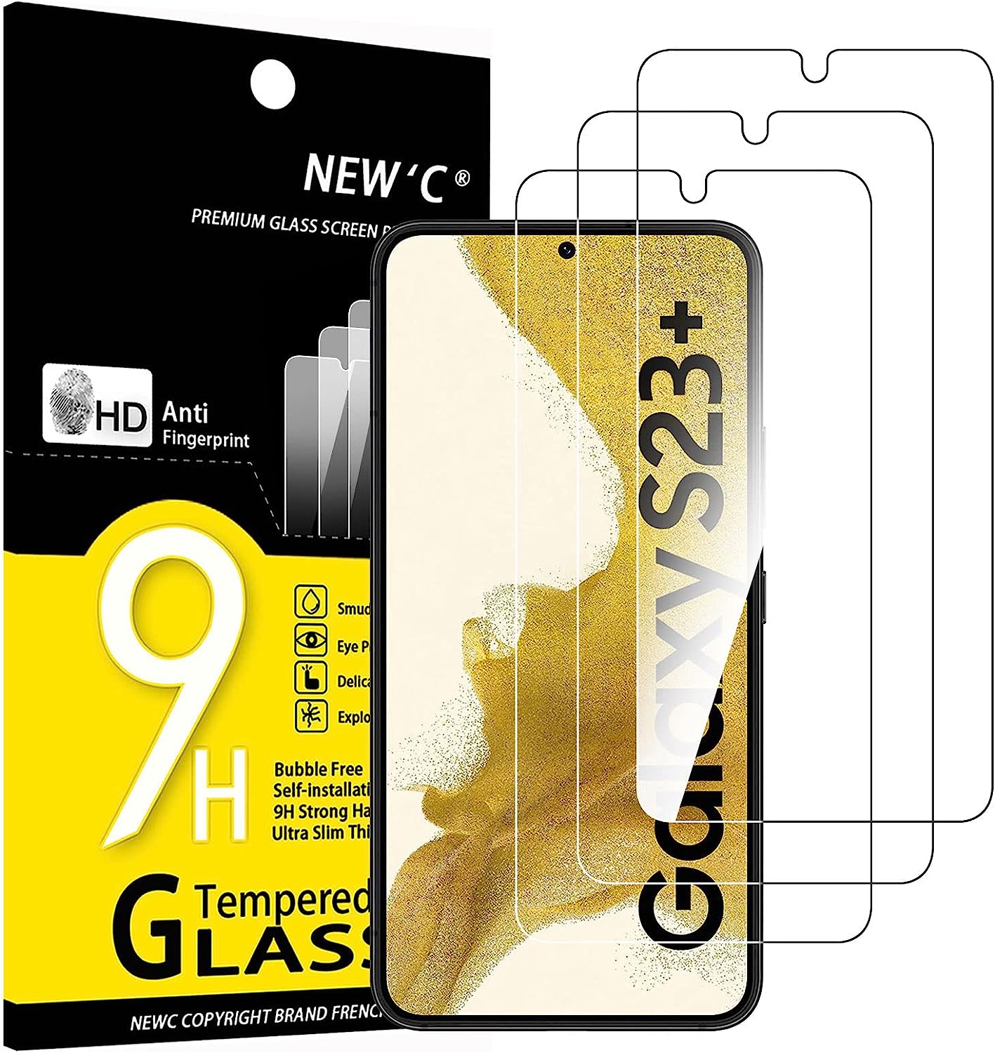 NEW'C 3 Pezzi, Vetro Temperato per Samsung Galaxy S23 Plus / S23+, Pellicola Prottetiva Anti Graffio, Anti-Impronte, Senza Bolle, Durezza 9H, 0,26mm Ultra Trasparente, Ultra Resistente