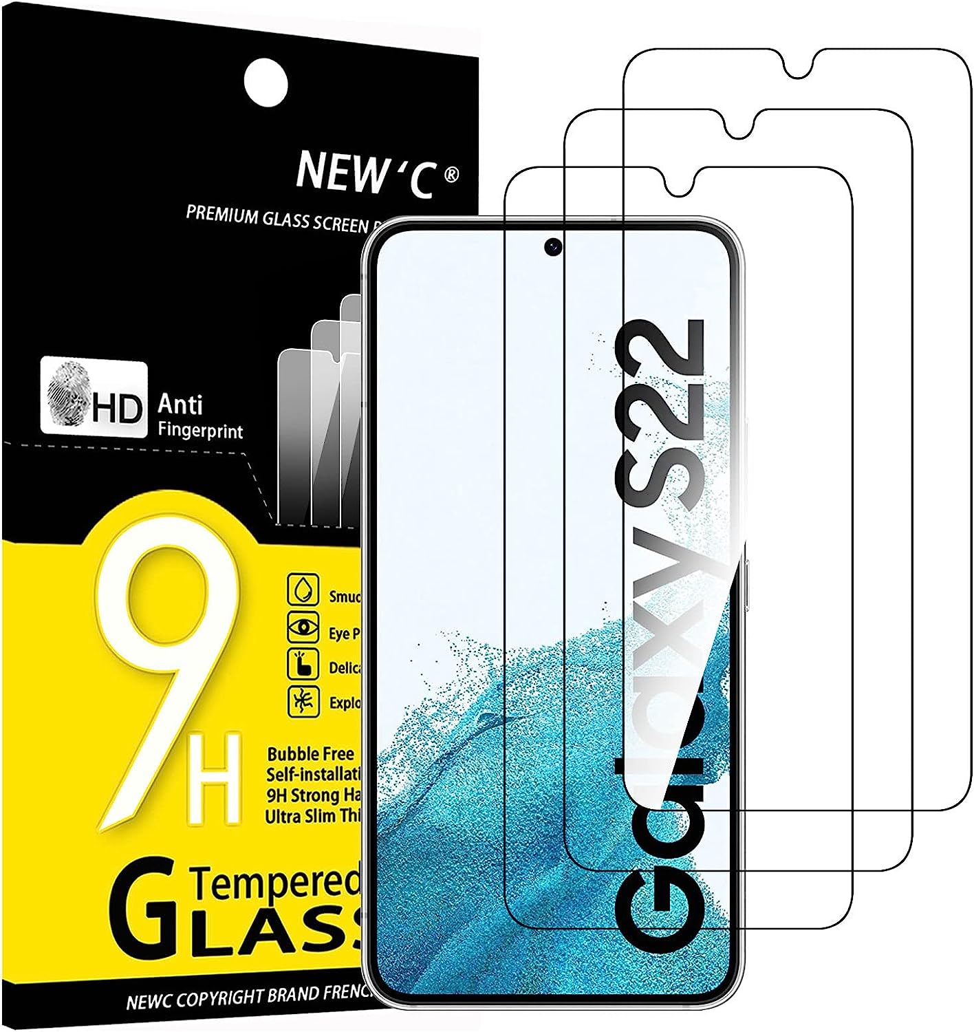 NEW'C 3 Pezzi, Vetro Temperato per Samsung Galaxy S22 5G, Pellicola Prottetiva Anti Graffio, Anti-Impronte, Senza Bolle, Durezza 9H, 0,26mm Ultra Trasparente, Ultra Resistente